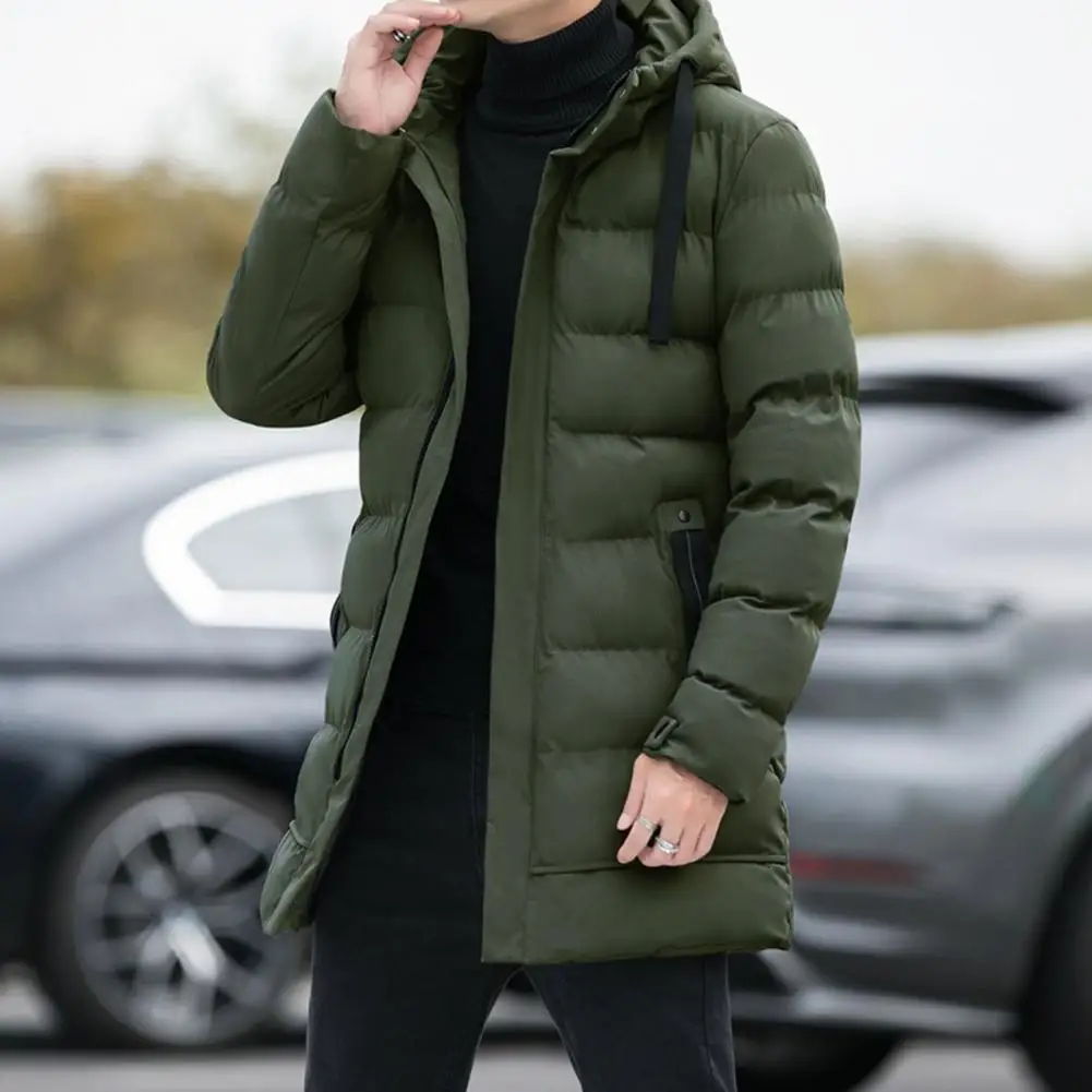 Mid-length Cotton Coat Men's Hooded Cotton Coat with Drawstring Zipper Placket Pockets Solid Color Quilted Outwear for A Stylish