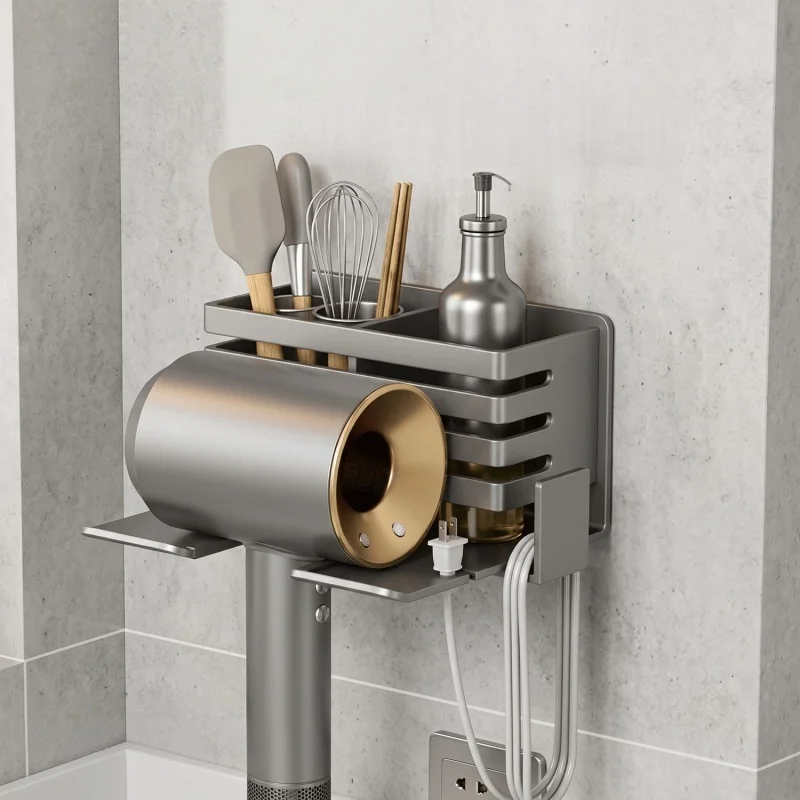 Carbon Steel Hair Dryer Holder, No Drill Wall Mount Bathroom Storage Rack