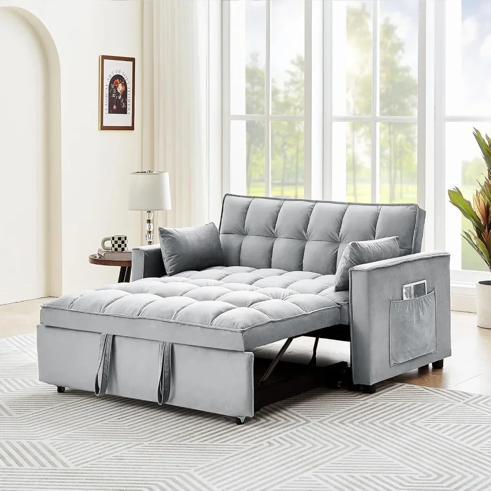 3 in 1 Sleeper Sofa Couch Bed, Velvet Convertible Sofa Bed with Armrests, Storage Pockets & 2 Pillows, Modern Sofa Bed Couch