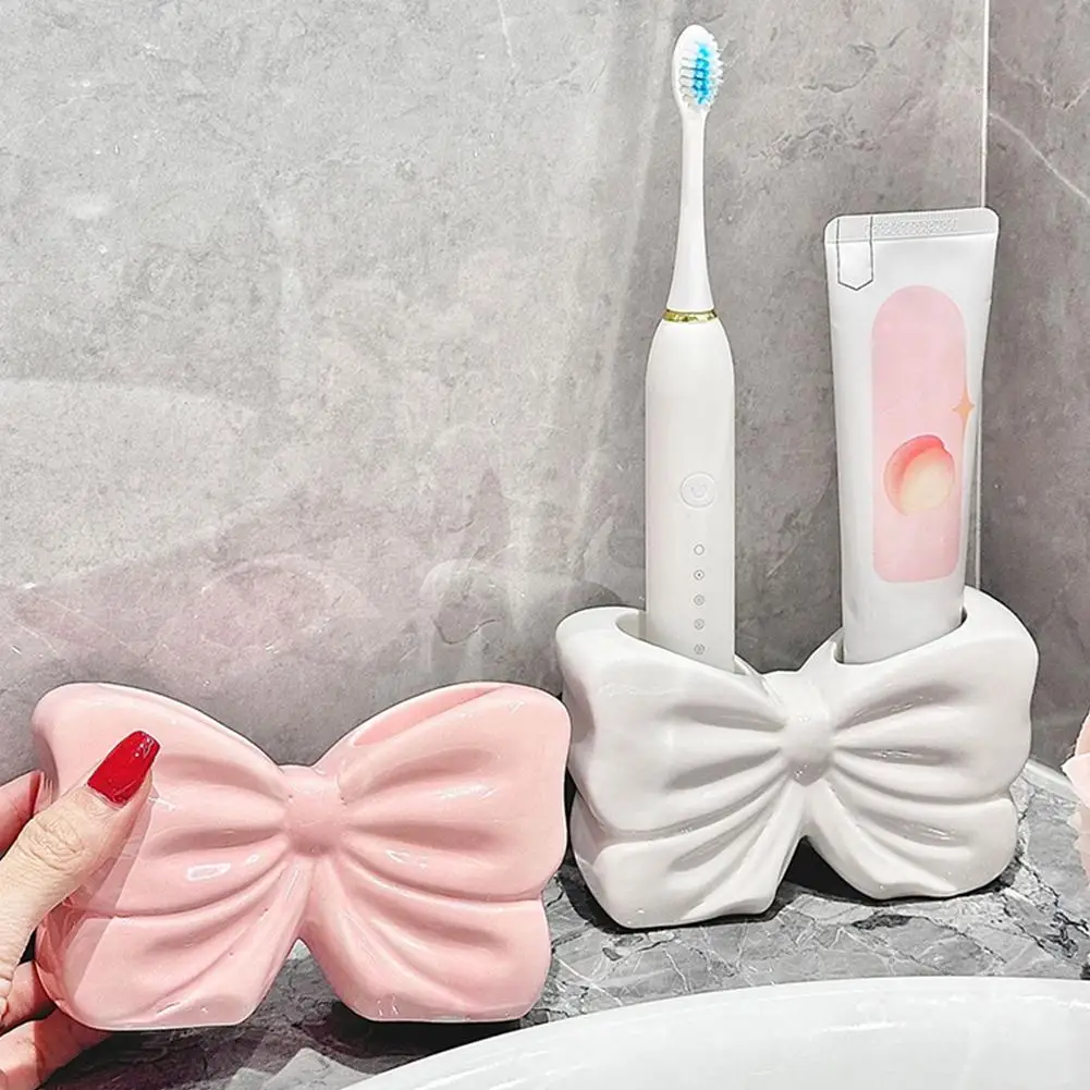 Ceramic Bow Toothbrush Holder - Creative Toothbrush and Toothpaste Storage Rack for Bathroom Organization 1pcs