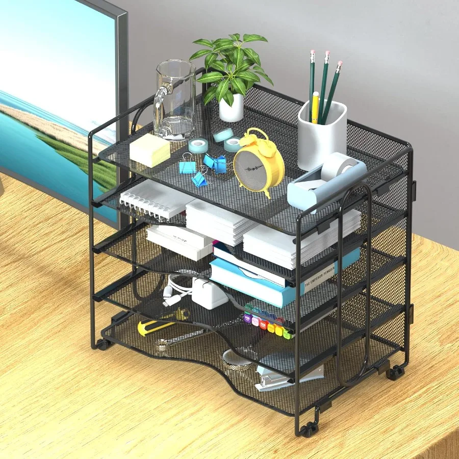 5-Tier Black Mesh Stackable Paper Organizer with Adjustable Letter Tray for Home Office Ideal for Document Storage and Sorting