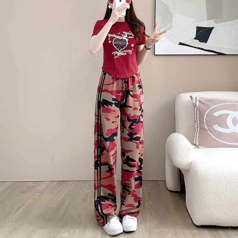 

Wide Legged Women's 2024 Summer New Patchwork High-waisted Drawstring Pocket Printing Fashion Casual Sports Straight Leg Pants