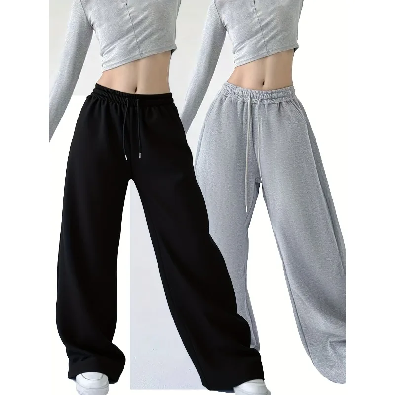 Pantalones casuales de pierna recta para mujer, color sólido negro y gris, adecuados para las temporadas cómodas de primavera y otoño