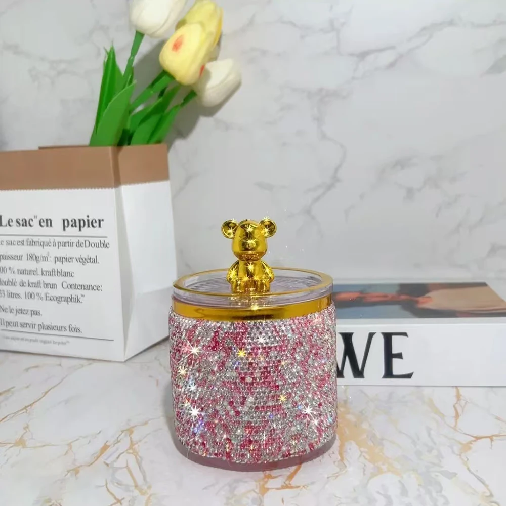 Sparkling Diamond Toothpick Box With Bear Lid Cotton Swab Storage Case Storing Cotton Swabs Dental Floss Toothpick Jar Organizer view 3