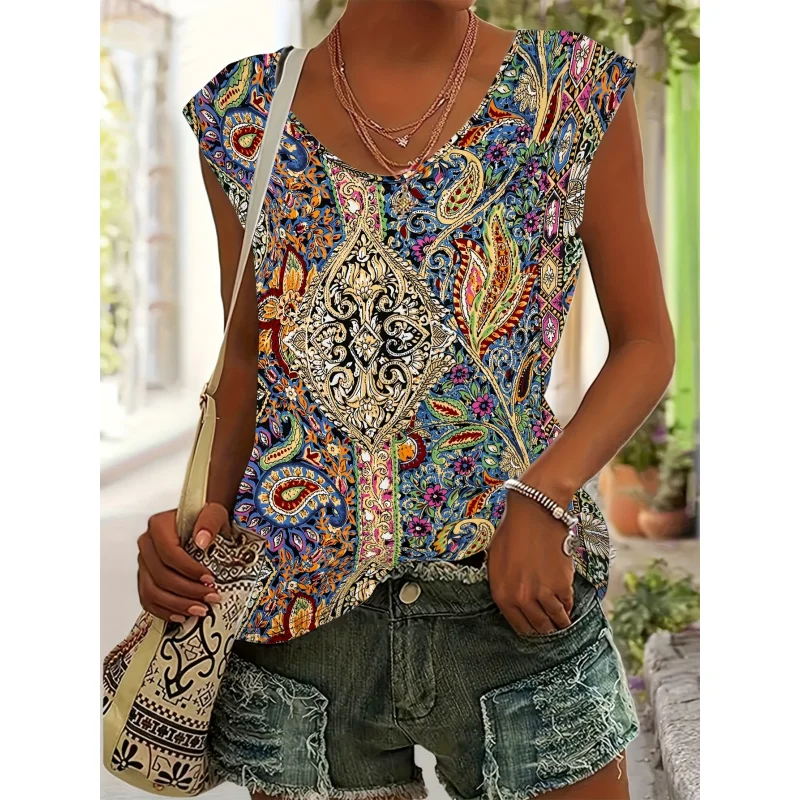 

Women'S Vibrant Multicolor Paisley Print Top - Sleeveless Relaxed Fit, Breathable Soft Fabric, Washable