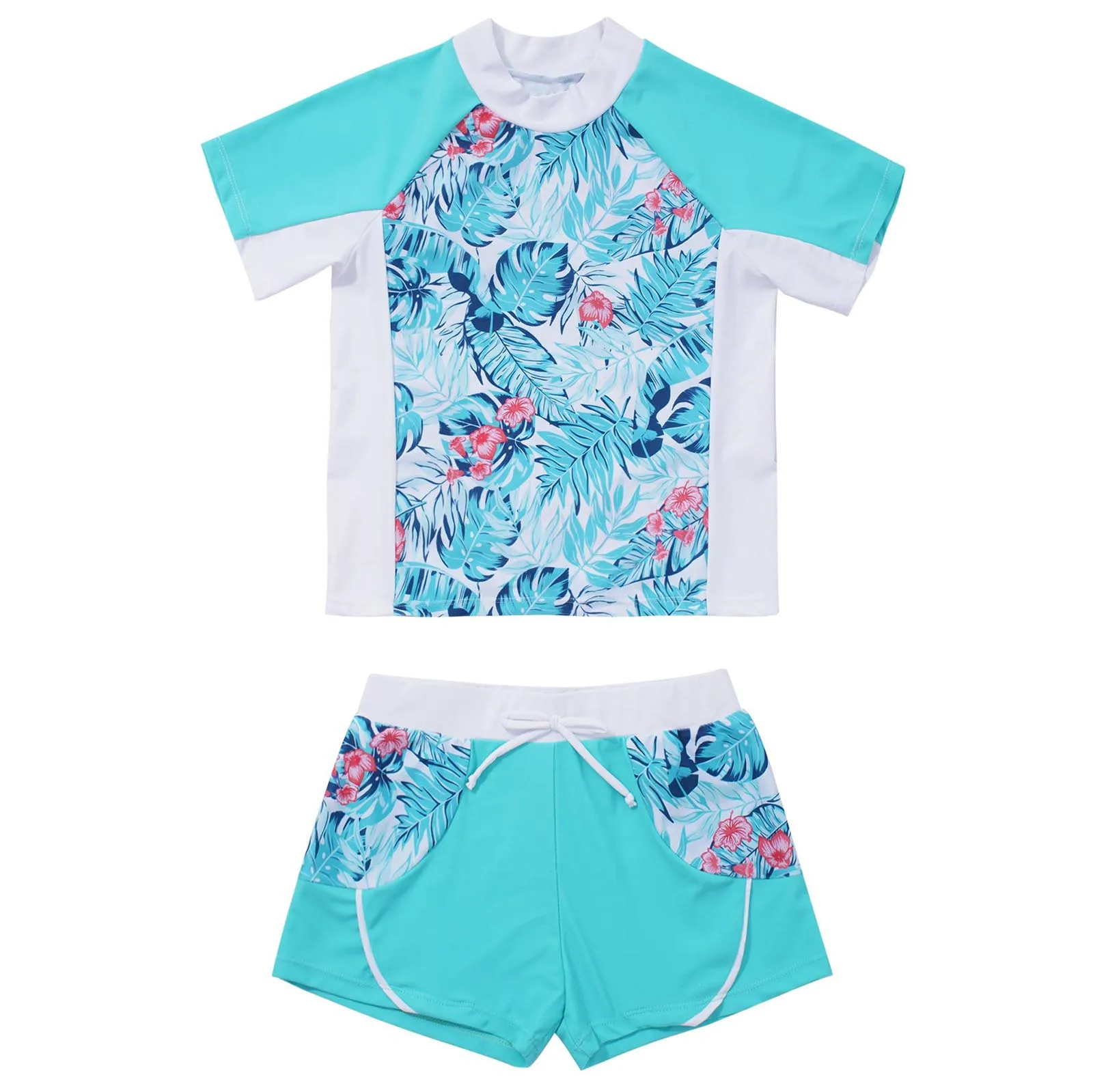 2Pcs Swimming Suit Kids Girls Summer Short Sleeves Floral Print T-Shirt Top+Drawstring Shorts Sets Beach Swimwear Bathing Suits