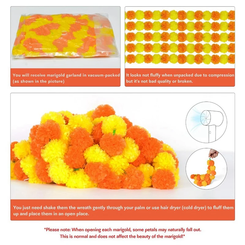 5Pcs Marigold Garland for Decoration,5 Feet Artificial Marigold Flowers Diwali Decorations Orange + Yellow-SPMI