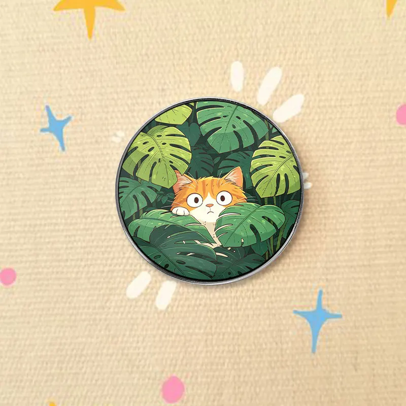 Tropical Monstera Hiding Ginger Cat UV Printing Pin Jungle Theme Brooch For Plant Lovers Backpacks And Clothing Accessories