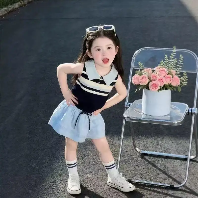 Girls Summer Set New Fashion Children's Polo Neck Knitted Sleeveless Top And Plaid Skirt Two-Piece Set Kids Outfit