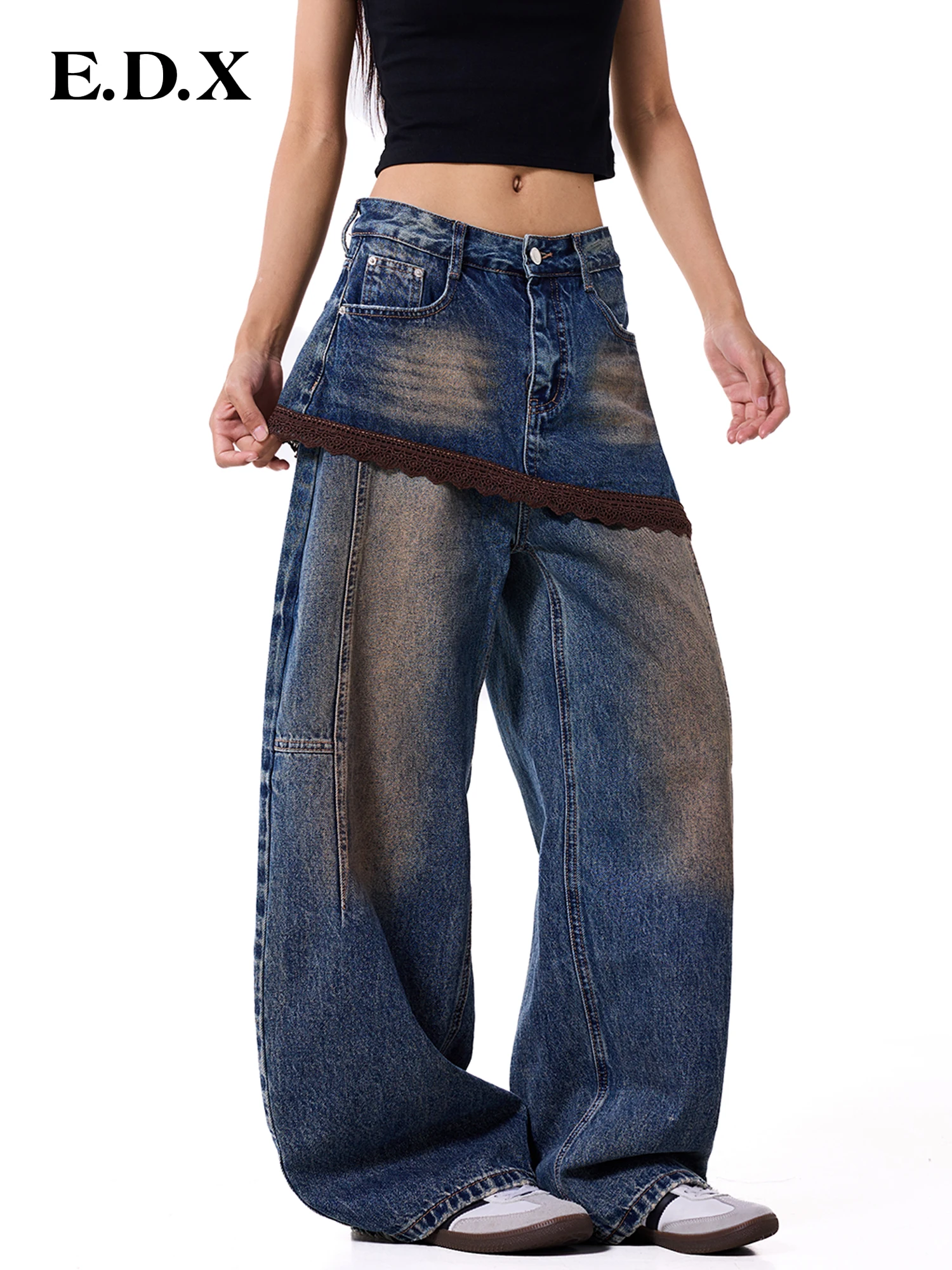 Retro Washed Splicing Lace Blue Wide Leg Denim Pants Women's Autumn 2026 E.D.X Fake Two-Piece Butt Curtain Curved Knife