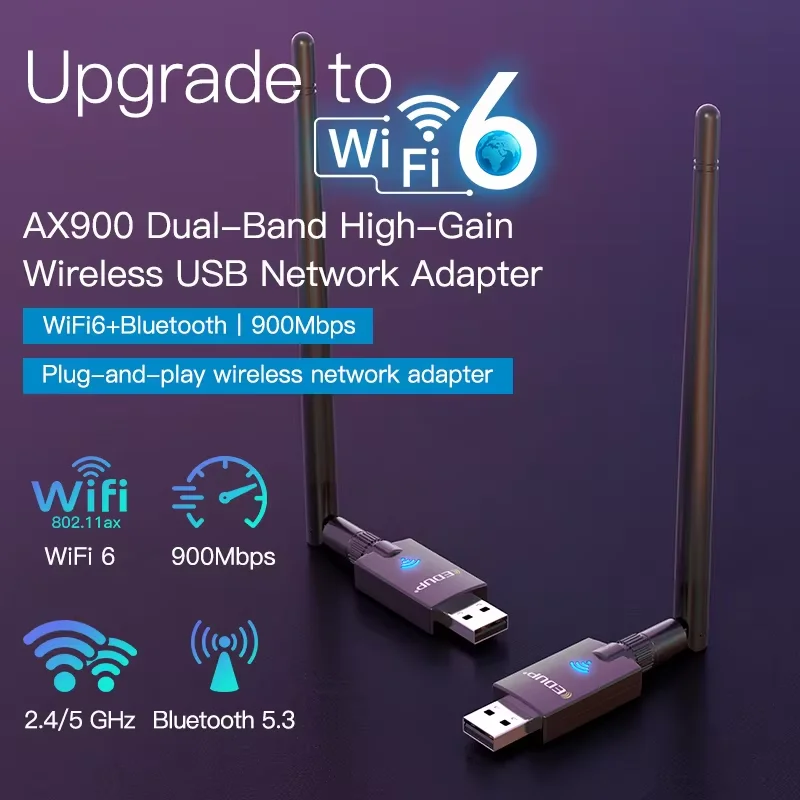 EDUP AX900M USB WiFi 6 Adapter BT5.3 2.4G/5GHz 900Mbps Wireless Network Adapter 5dBi Antenna for Mac Laptop Desktop PC Win 11/10