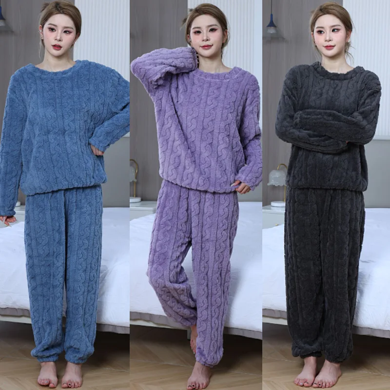 2 Pcs Women's Pajamas Sets Winter Warm Sleepwear for Sleeping Pajama Set for Women Thick Fleece Couple Casual Home Wear Autumn