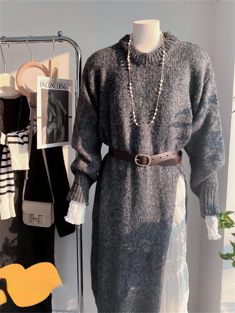 Women Dress Sweater Women Dress Thick Winter Fall Long Sleeve Knitted Dresses Maxi Vintage Oversize Knitting Turtleneck Black