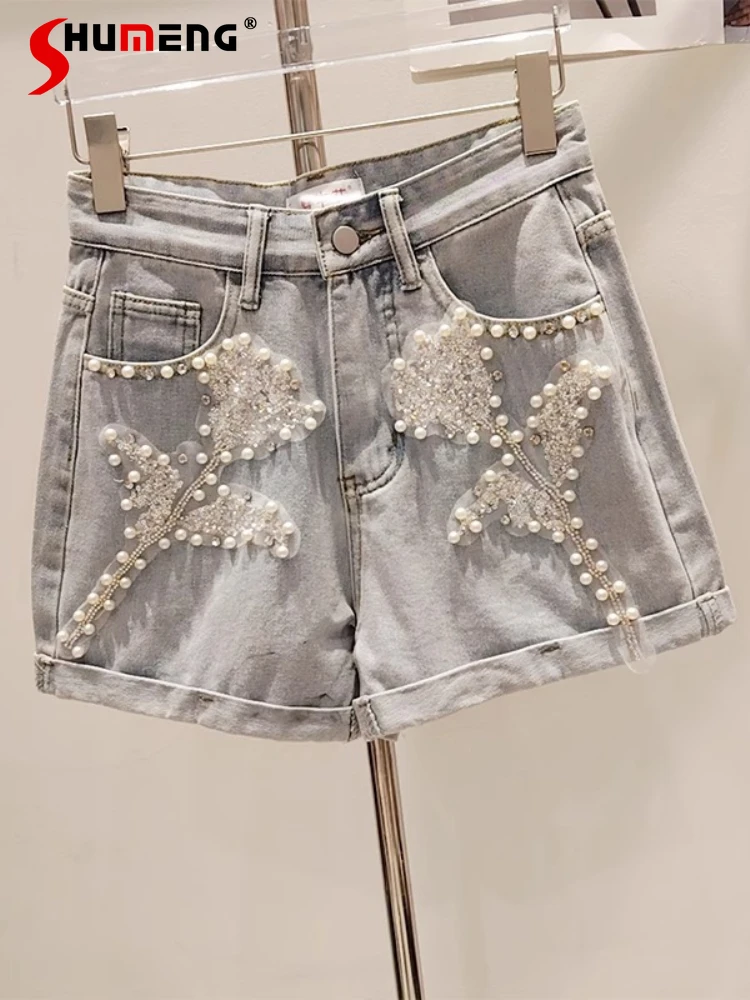 

Jeans Women's 2025 Summer New Beaded Flower A-line Denim Shorts Fashion Versatile Pocket Decoration Wide-leg Short Hot Pants