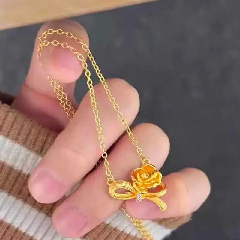 9999 gold brushed gold wire ribbon rose flower pendant - traditional Chinese style exquisite collar chain