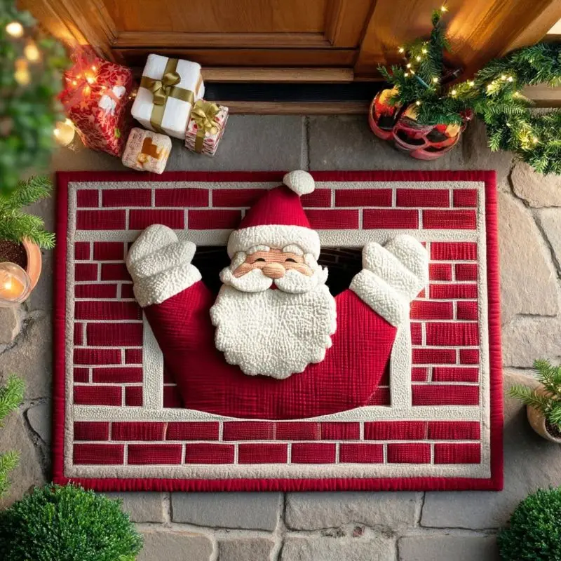VIKAMA Christmas Doormat Vintage Brick Fireplace Peeking Santa Pattern Xmas Holiday Home Entrance Decor Floor Mat