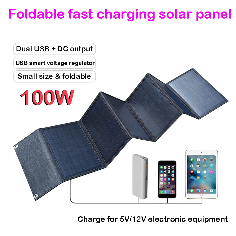 60W 100W Solar Panel Portable Folding Bag USB+DC Output Solar Cell Charger Outdoor Power Supply for Phone Hiking Power Generator