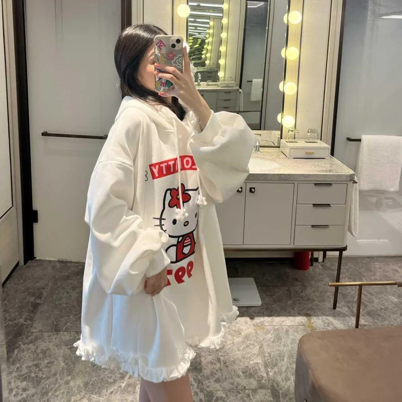 Sanrio Hello Kitty Trendy Mid Length Oversized Top Shirts Hooded Women Cute Loose Pullovers Y2k Autumn Winter Ruffled Hoodies