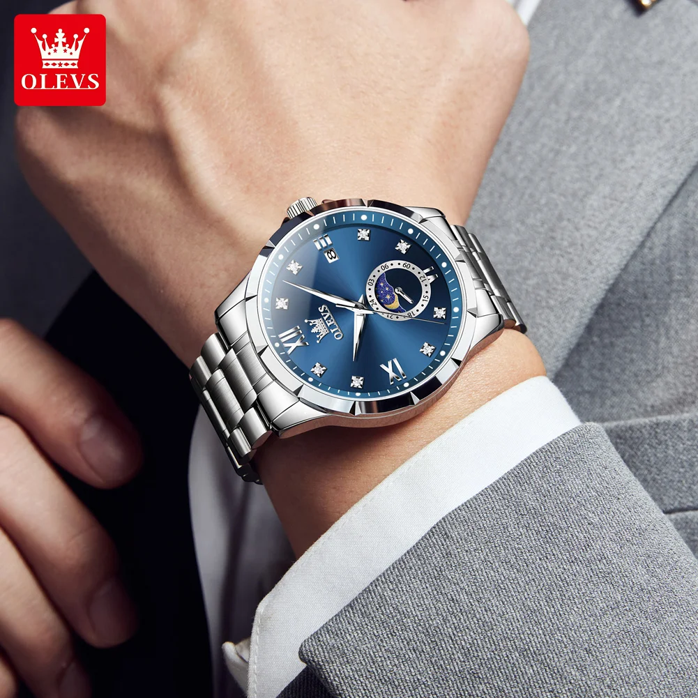 OLEVS 2956 Men's Quartz Watch Moon Phase Solid Stainless Steel Waterproof Wristwatch with Calendar 45mm Dial