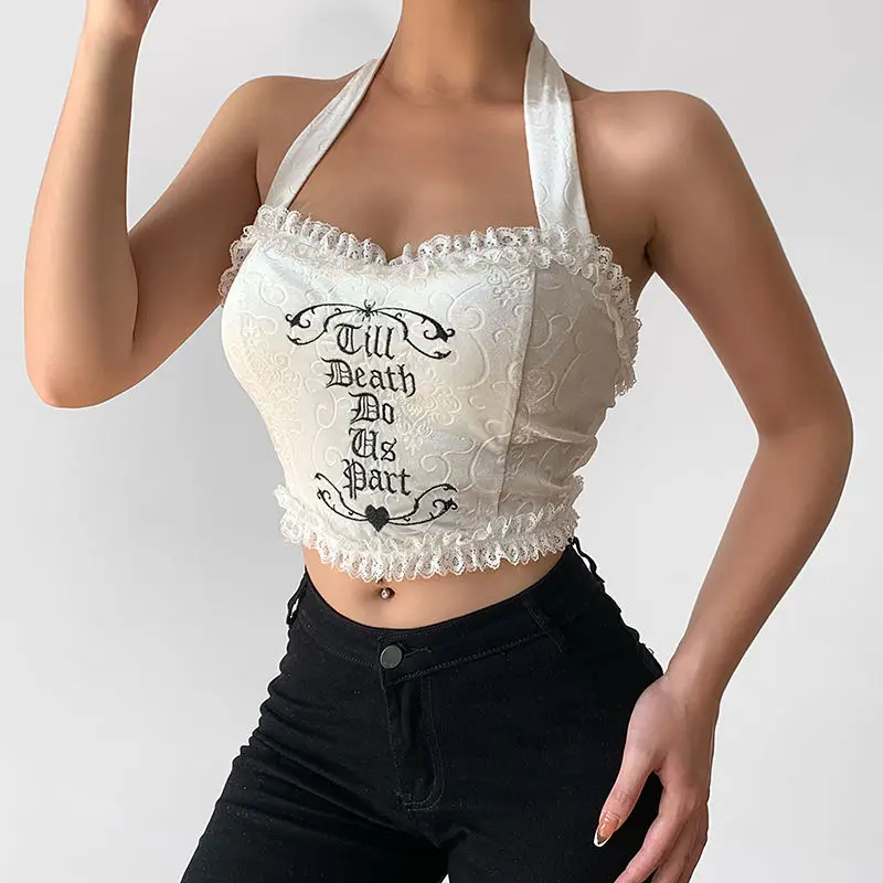 Women Halter Tank Tops Bandage Sleeveless Skinny Clubwear Backless Lace Letter Print Crop Tops Spaghetti Straps Ruffles Camis