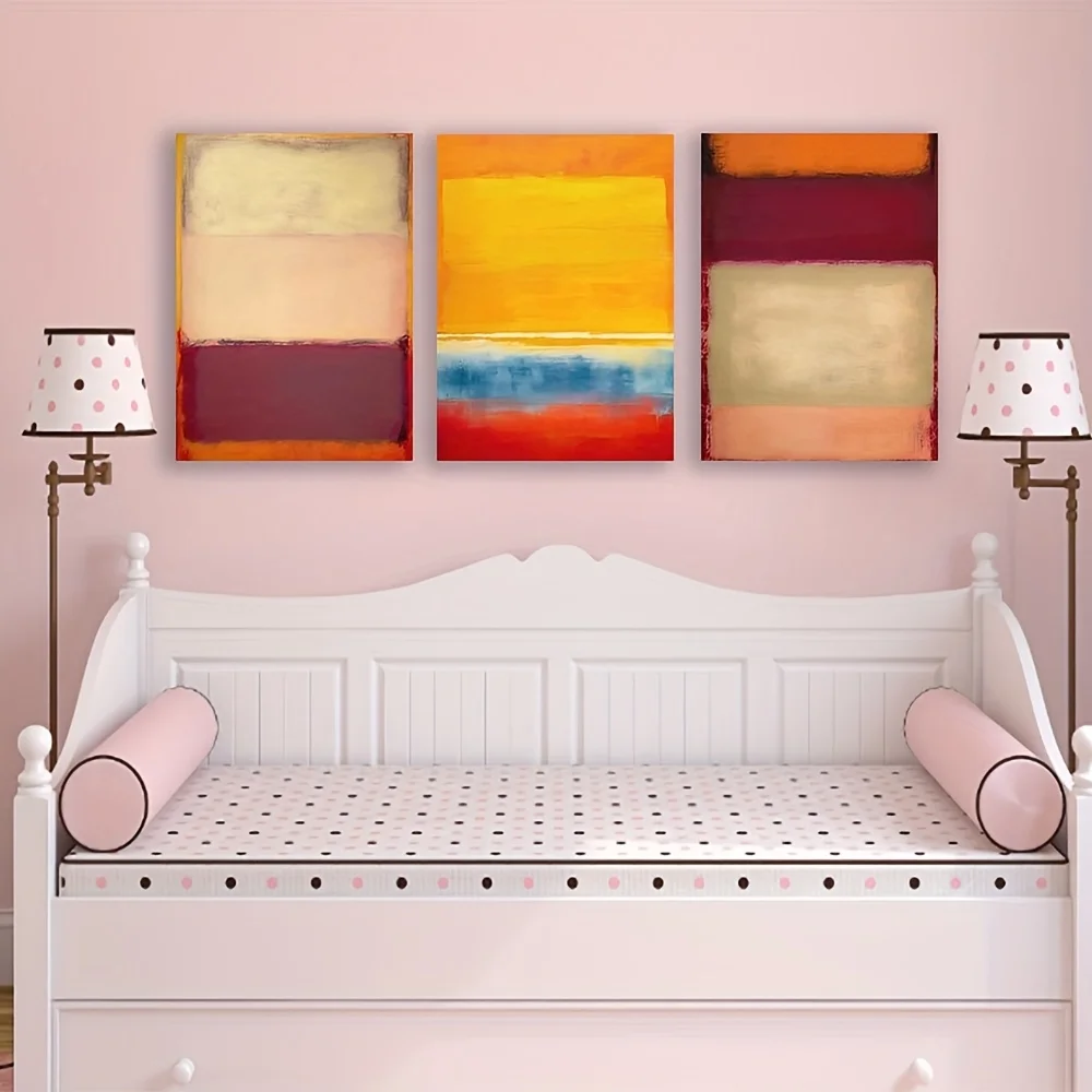 3pcs Set Mark Rothko Inspired Abstract Art Prints - Minimalist Large-Scale Color Block Paintings (Maroon, Golden, Brown, Beig