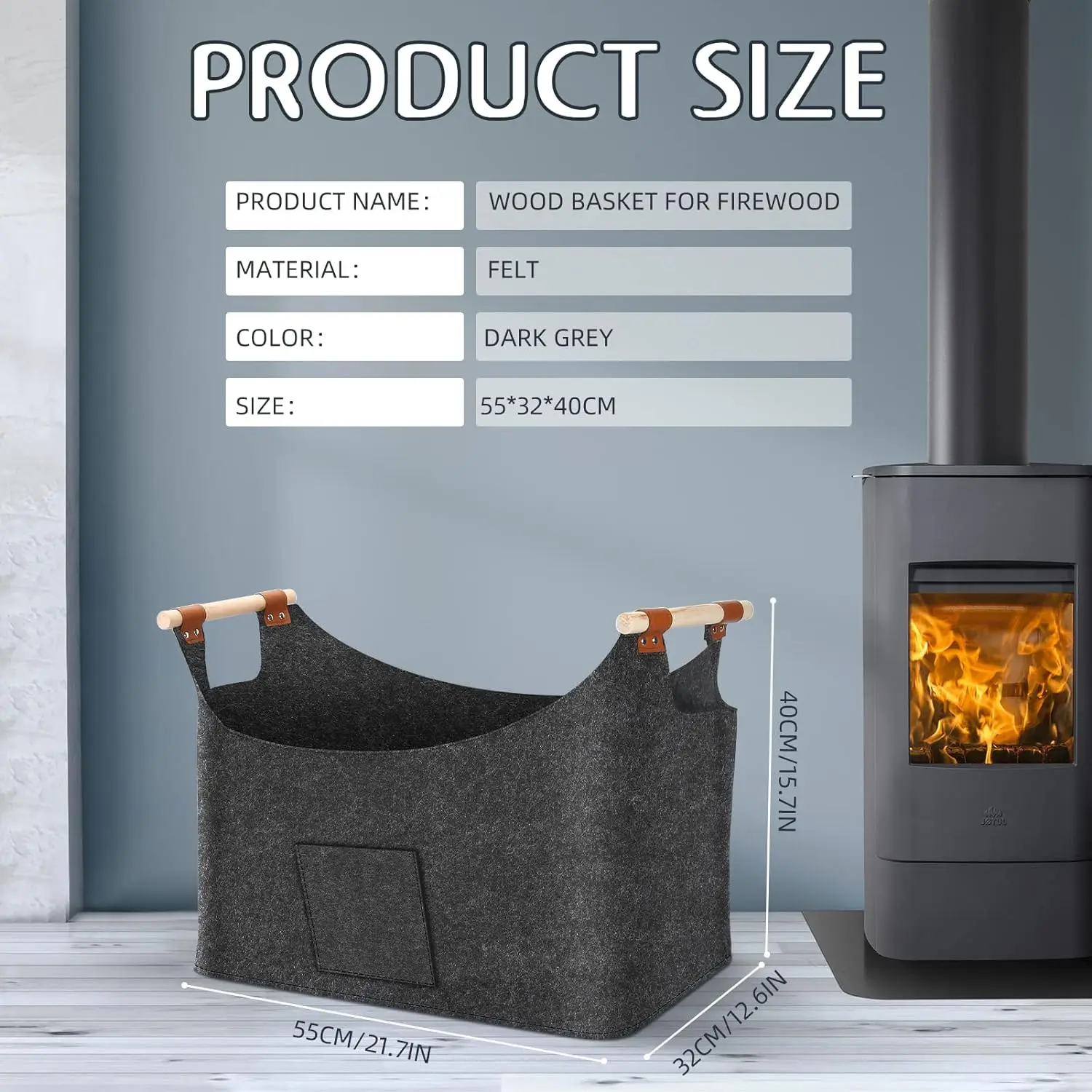 Firewood Box Felt Basket with Wooden Handles Large Capacity Foldable Wood Basket for Fireplace & Wood Stove