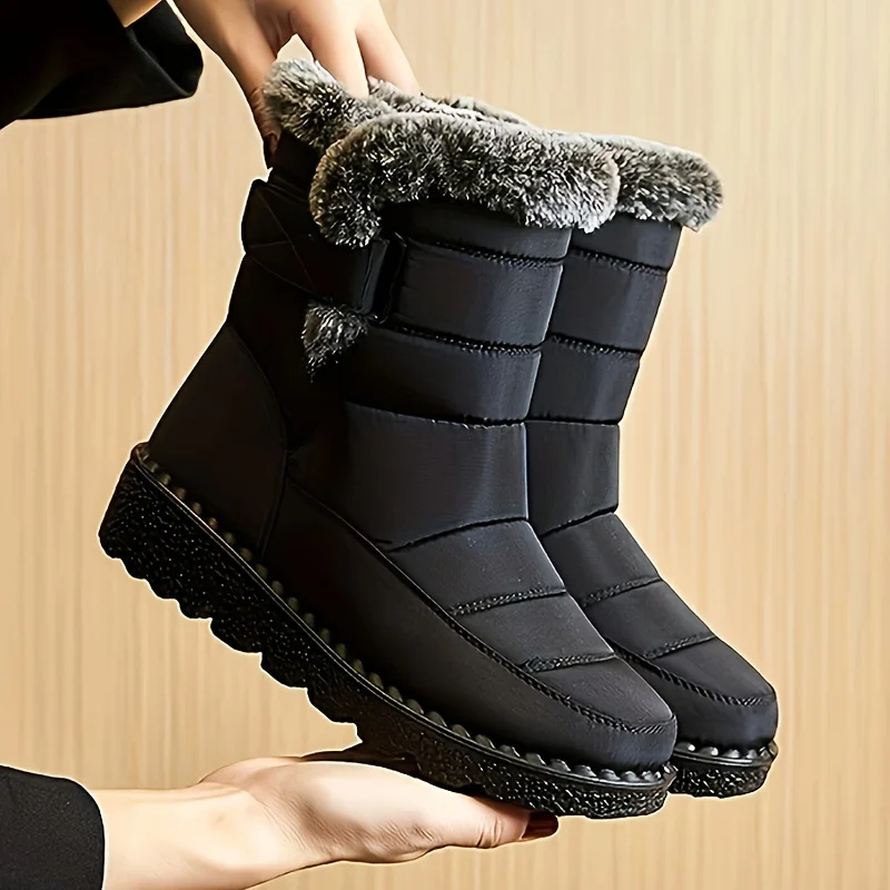 Women Winter Mid Calf Snow Boots Thick Plush Lined Warm Booties Magic Strap Waterproof Non Slip Flat Sole Thermal Shoes for Daily Walking Cold Weather Black Navy Wine Red Multi Colors Ladies Casual Winter Footwear view 2