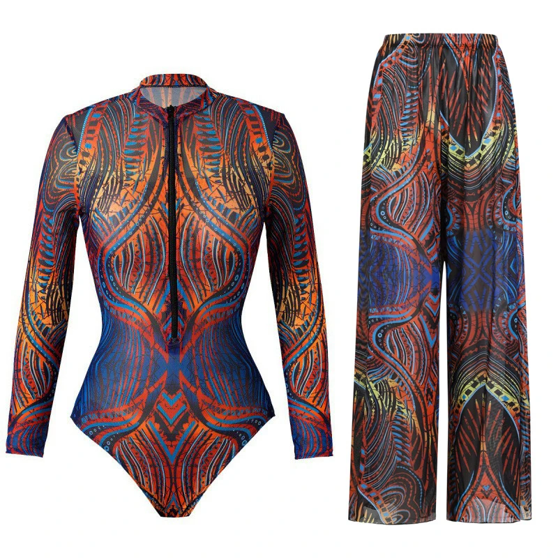 Long-sleeved sun-protective swimsuit for women, one-piece swimsuit with stretchy and loose long pants, fitness one-piece swimsui