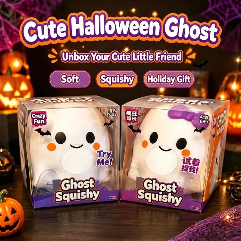 Halloween 13cm ghost soft toy with purple bow, cute pressure-relief squeeze toy, slow-play toy, children's party gift