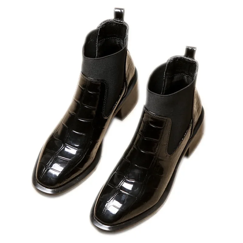 Chelsea-Stiefel für Damen, 2025, Herbst/Winter, britisches Lackleder, mittelhoher Absatz, runde Zehen, High Heels, glänzendes Leder, Damenstiefel – Detail 6