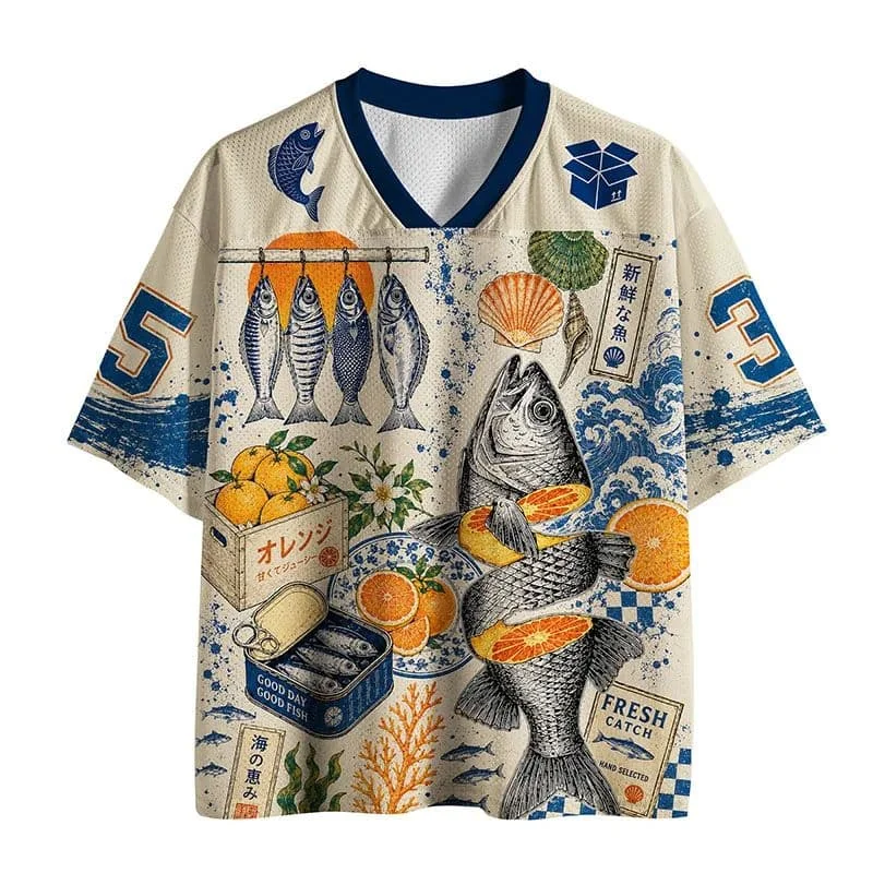 2026 Popular V-neck Mesh T-shirt with Fun Printed Short Sleeved T-shirt, Retro Streetwear, Loose Oversized Sports Mesh T-shirt