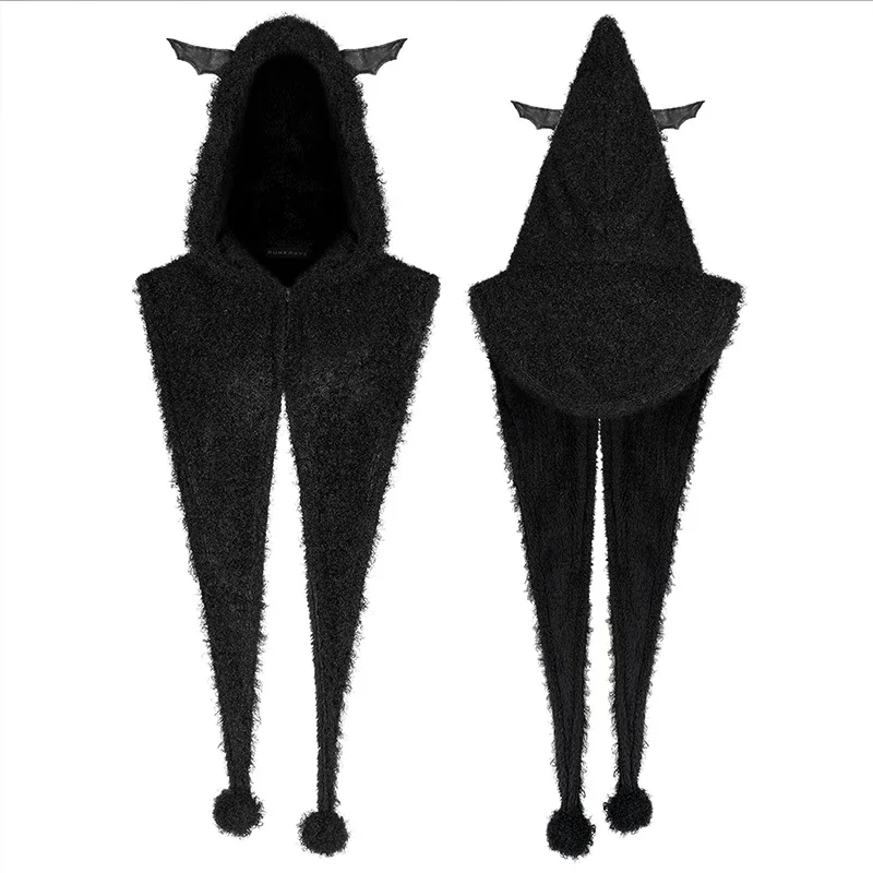PUNK RAVE Women\'s Gothic Pointed Wizard Hat Bat Wings Hooded Capelet Warm Coral Velvet Black Novelty Cute Accessories