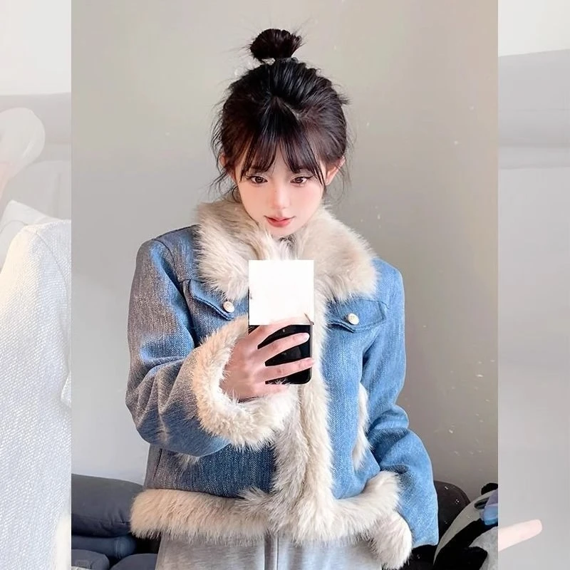 

2025 зима-осень женское синее джинсовое пальто с меховым воротником куртка, женская одежда осенние женские толстые теплые пальто куртки