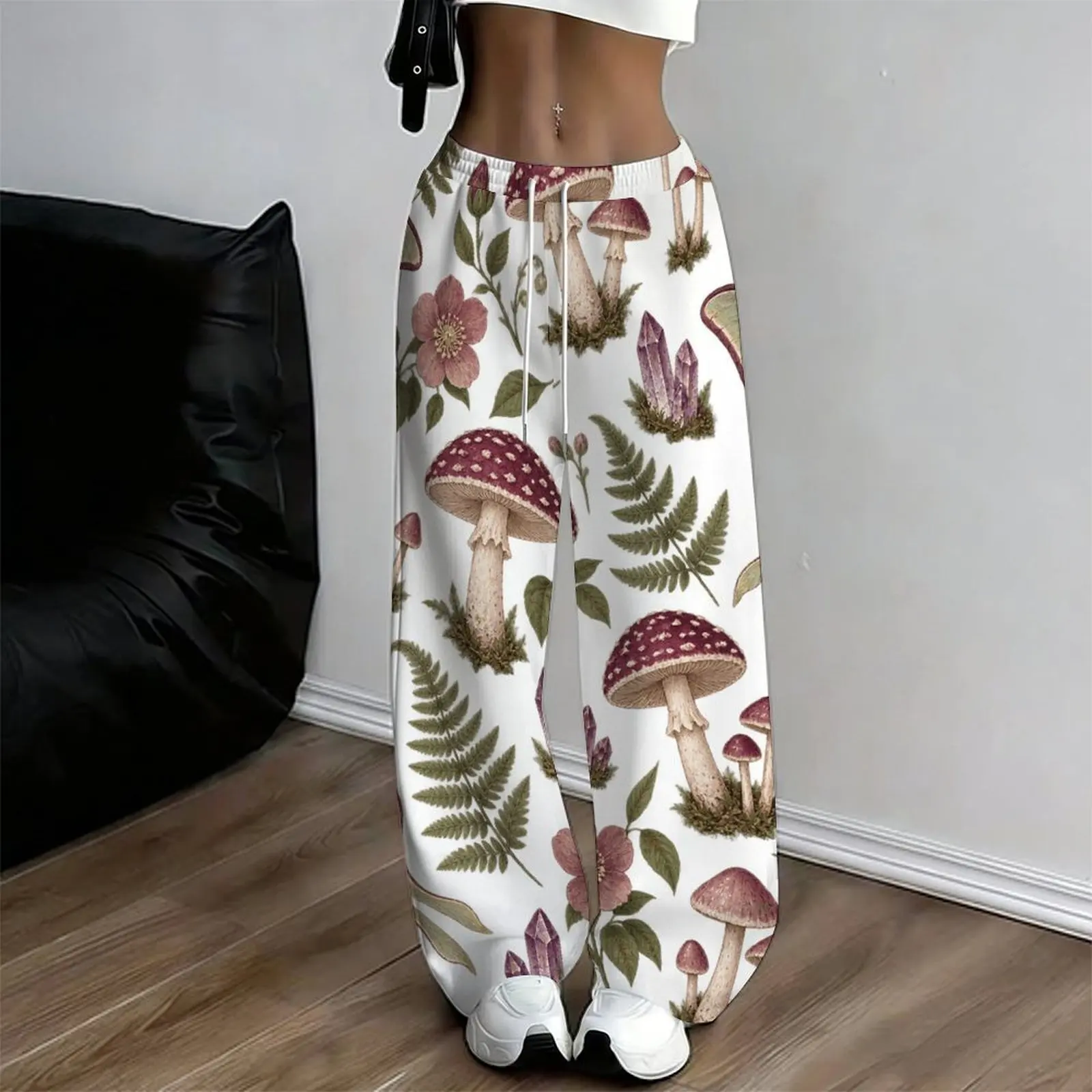 Women White Base Printed Loose Straight Leg Full Length Pants, Candle Lavender Bat Moon Star Pattern