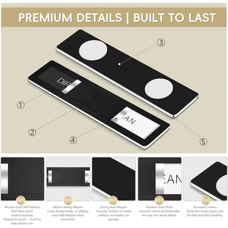 【ALLOWANCE】Magnetic Stainless Steel Dishwasher Cleaning Indicator Mat, Brushed Dirt Sign With Strong Adhesive Power Matte