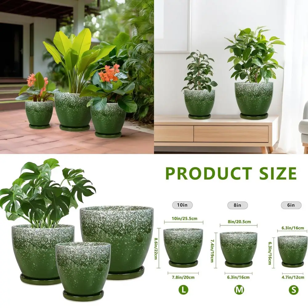 

Set of 3 Plant Pots - 10, 8, and 6 Inch Sizes, Suitable for Indoor or Outdoor Use, Round Decorative Pots with Drainage Holes and