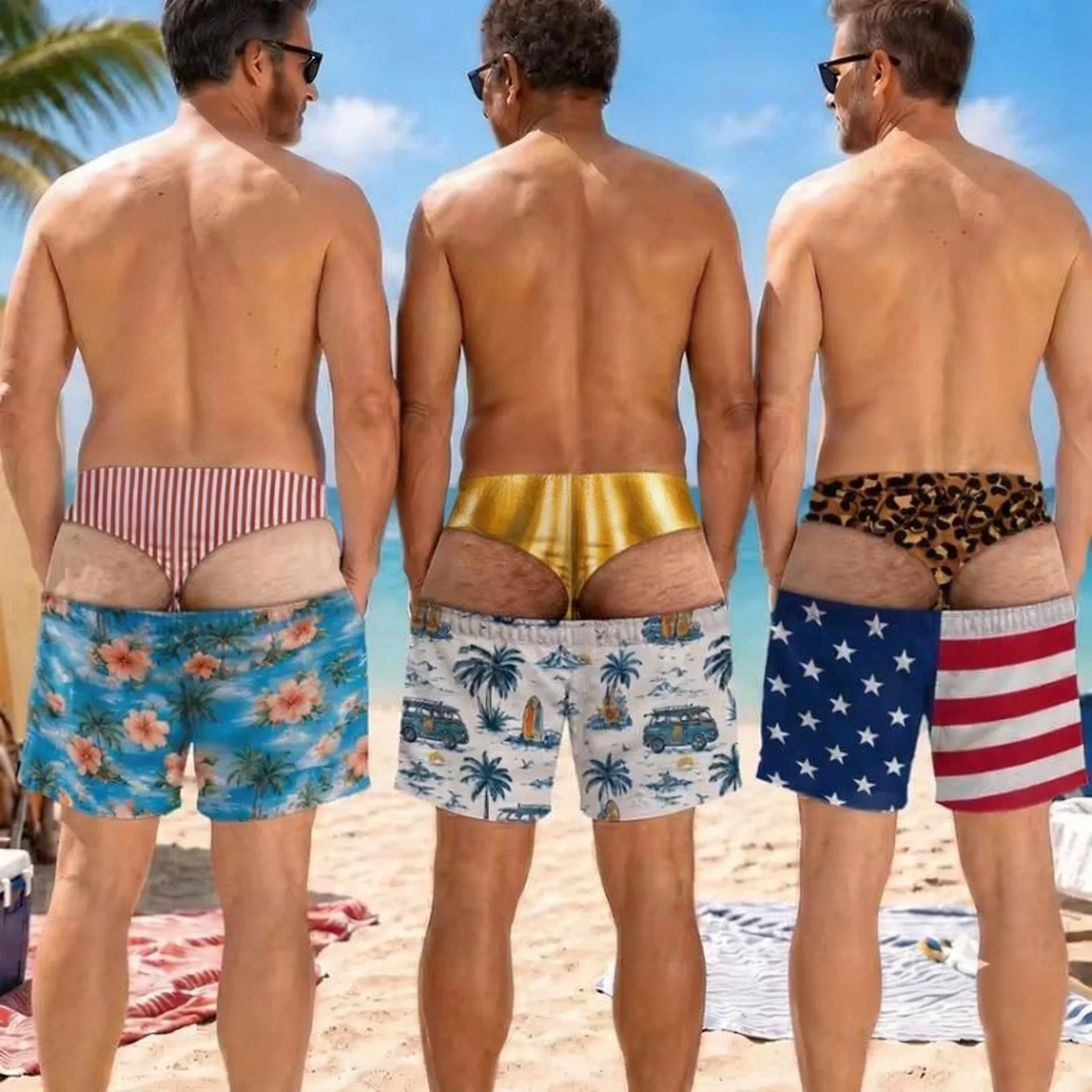 New Men Funny Fake Butt Beach Shorts, Tropical Island Print Drawstring Waist Prank Swim Trunks FamilyMatching
