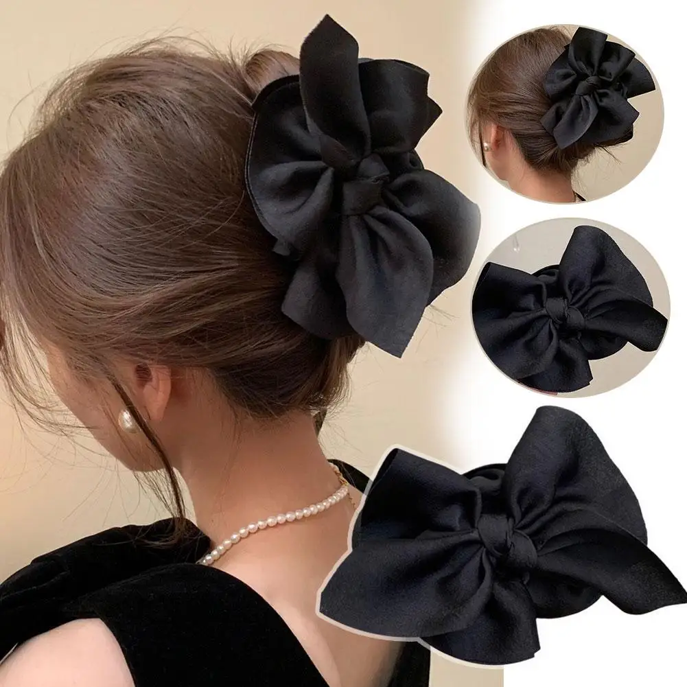 Large Fabric Bow Grasping Clip Retro Ponytail Braid Claw Clip Trendy Girl Hair Clip Delicate For Women Back Head Curly Hair O1X3