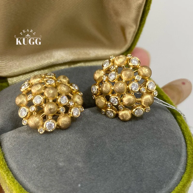 KUGG 100% 18K Yellow Gold Earrings Luxury 0.90carat Real Natural Diamond Stud Earrings French Style High Party Jewelry for Women