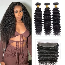 Deep Wave Bundles With Frontal Brazilian Virgin Remy Hair 3/4 Bundles With 13x4 Frontal Natural Color Curly Bundles With Frontal