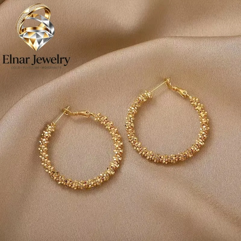 Elnar Jewelry Women's 24K Gold AU999 Shimmering Gold Earrings | Hammered-textured gold grains, minimalist chic for daily wear