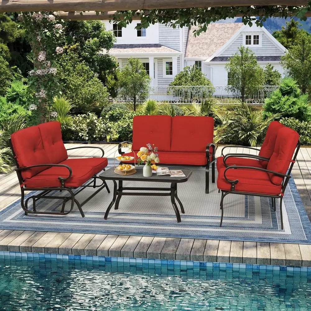 Red 5-Piece Outdoor Metal Patio Furniture Set: Wrought Iron Glider, 2 Chairs, Loveseat, Coffee Table