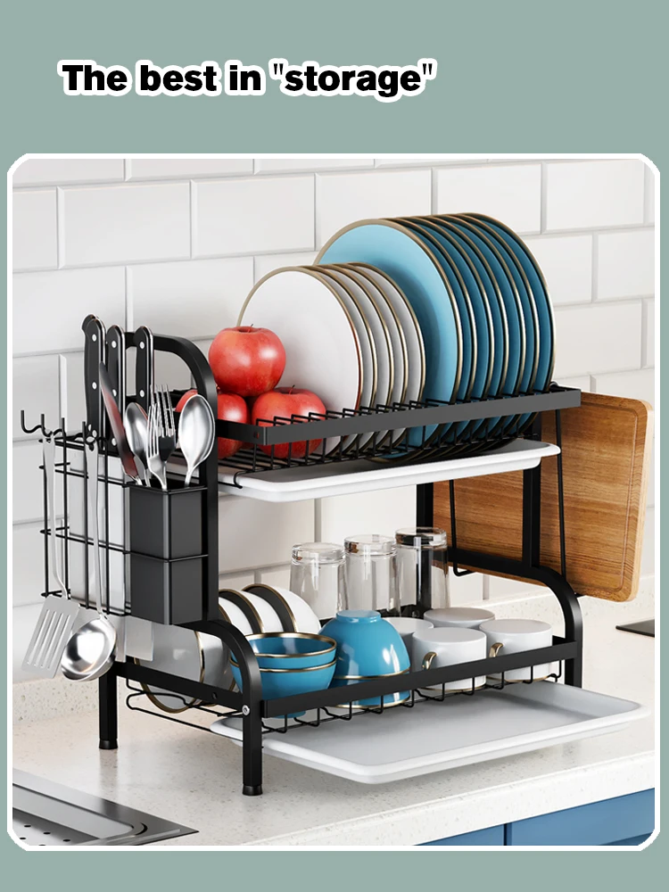 Dish Drying Rack 2-Tier Compact Kitchen Dish Rack Drainboard Set Large Rust-Proof Dish Drainer with Utensil Holder