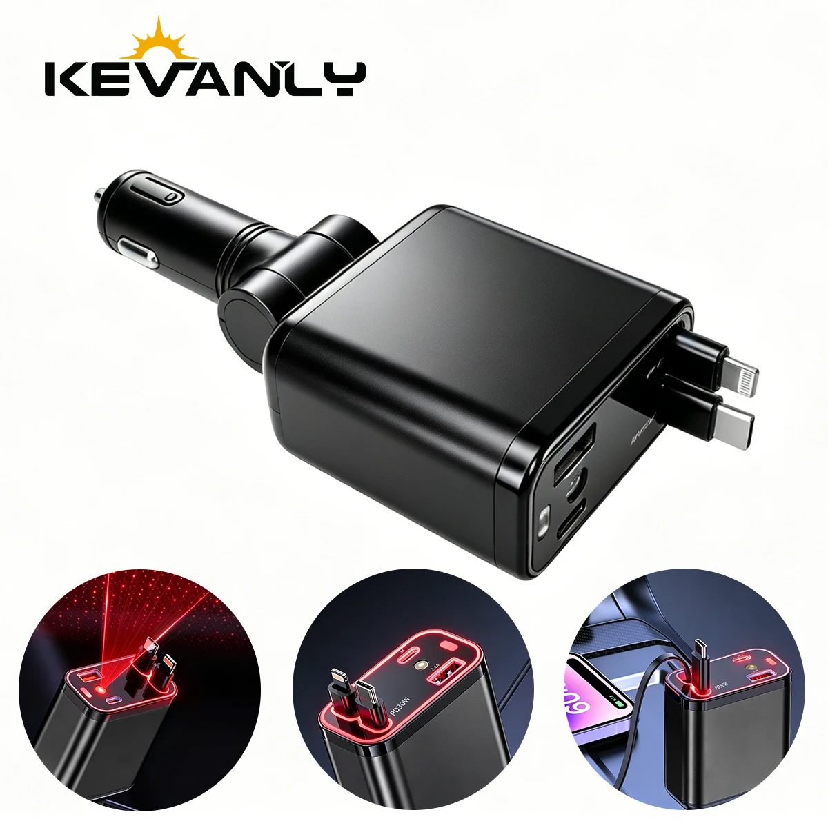 

4in1 Car Charger with 2 Retractable Cable USB 120W Fast Charger Power Adapter Car Charger With Starlight For IOS Android Phones