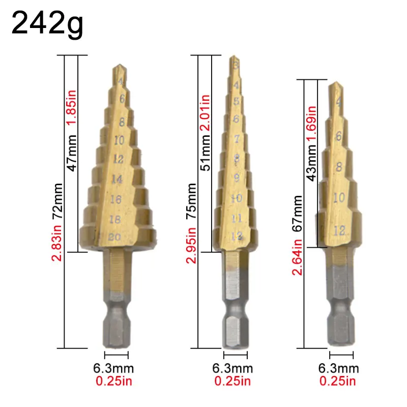 3pc Hexagonal Shank Titanium Plated Ladder Drill Bit Set 3-12/4-12/4-20mm Expanding punching holes Set