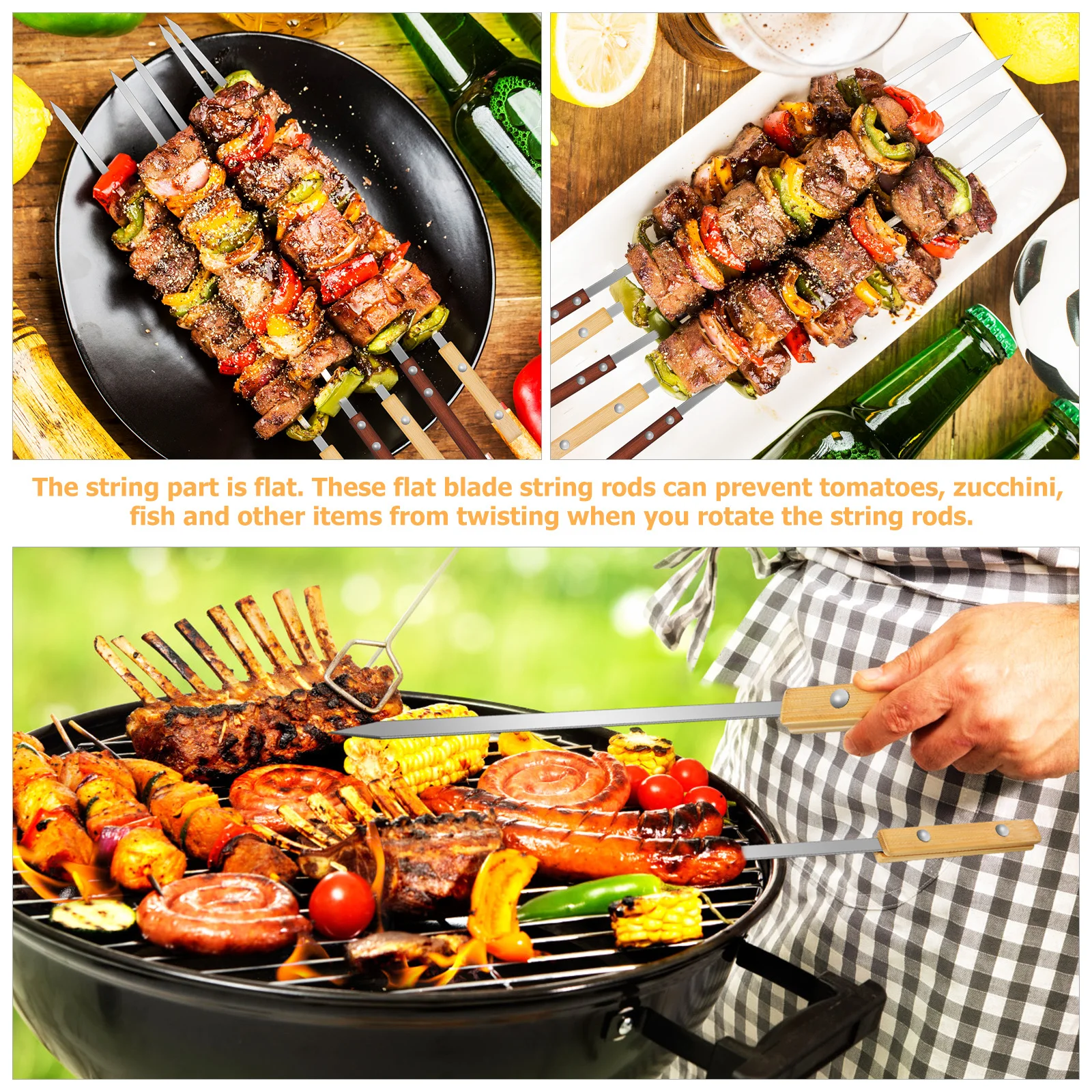 

12Pcs Bbq Skewers Stainless Steel Flat with Wooden Handles Reusable Non-Slip Grilling Tools for Garden Picnic Outdoor Grill