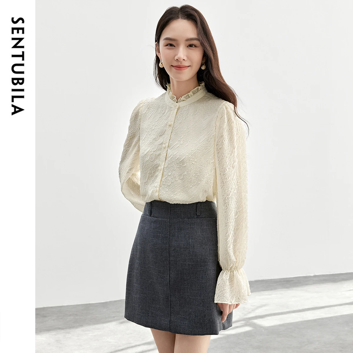 SENTUBILA Women Long Sleeve Shirts 2025 Autumn Jacquard Ruffles Stand Neck Flare Sleeve Blouses Elegant Clothing Woman 151C58162