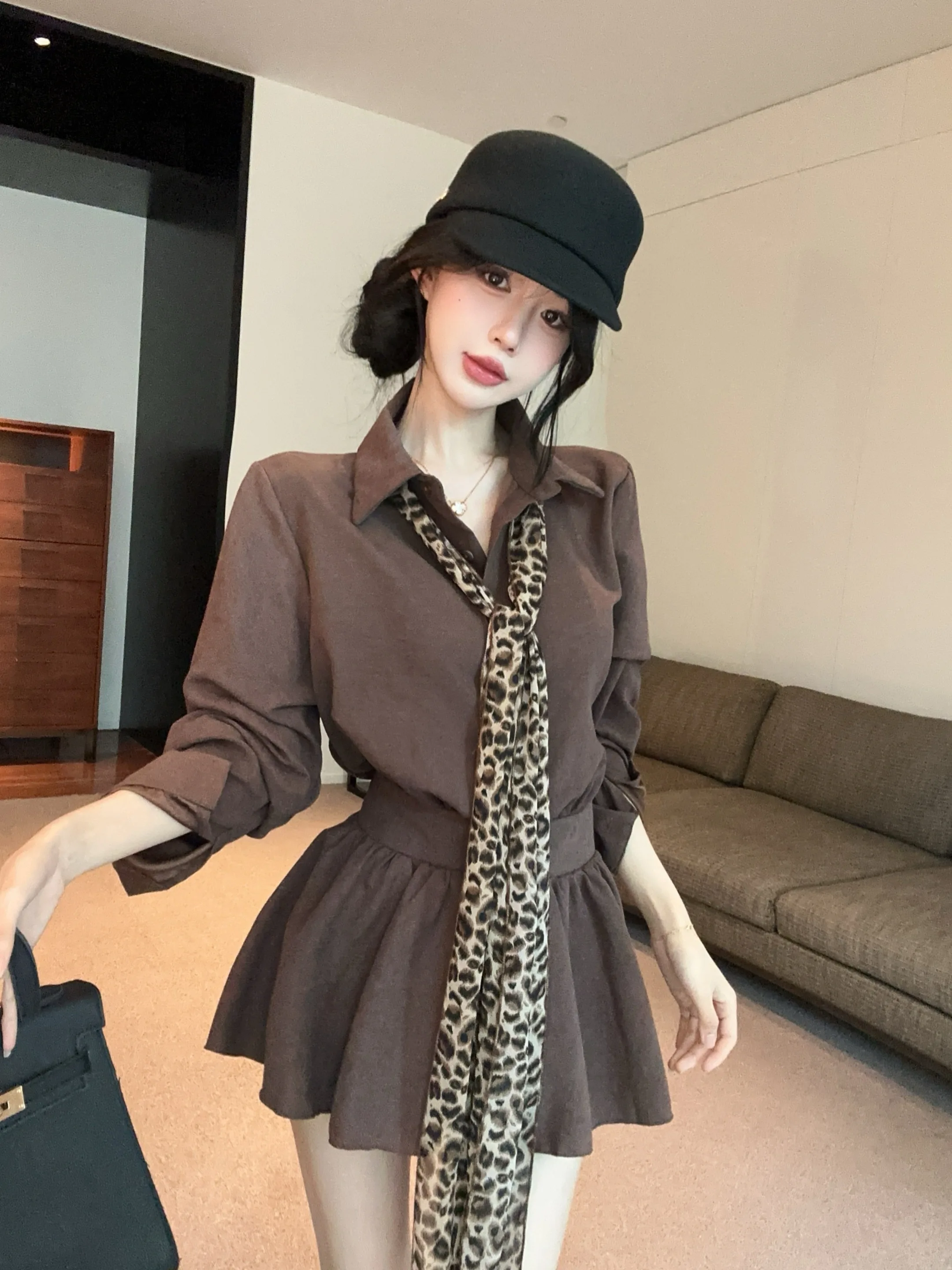 

Tiger Stripe Belted Waist Shirt Dress Short Women's Spring Merald High-End Feeling Cold Tone Shirt Short Skirt