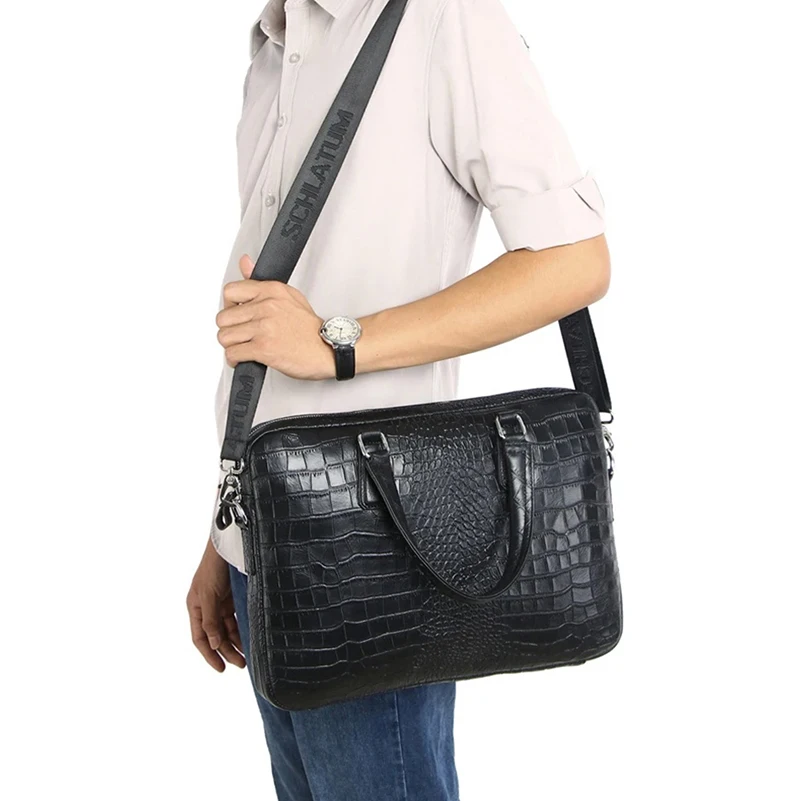 Crocodile Pattern Briefcase Luxury Top Layer Genuine Leather Men's Office Vintage Business Shoulder 15.6 inch Computer Bag