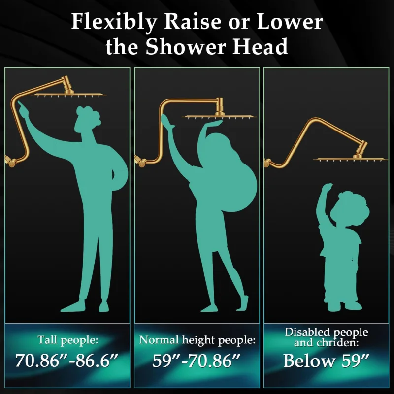 Rain Shower Extension Arm, Upgrade 12 Inch Metal Shower Extend Arm, Height/Angle Adjustable Curved Showerhead Extender with